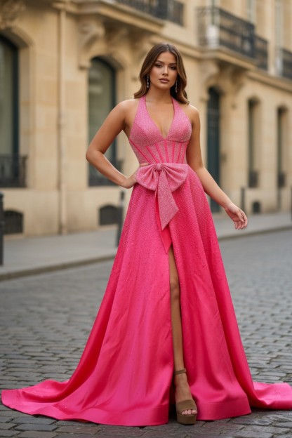 Sexy V Neck Split Long Prom Dress With Beads