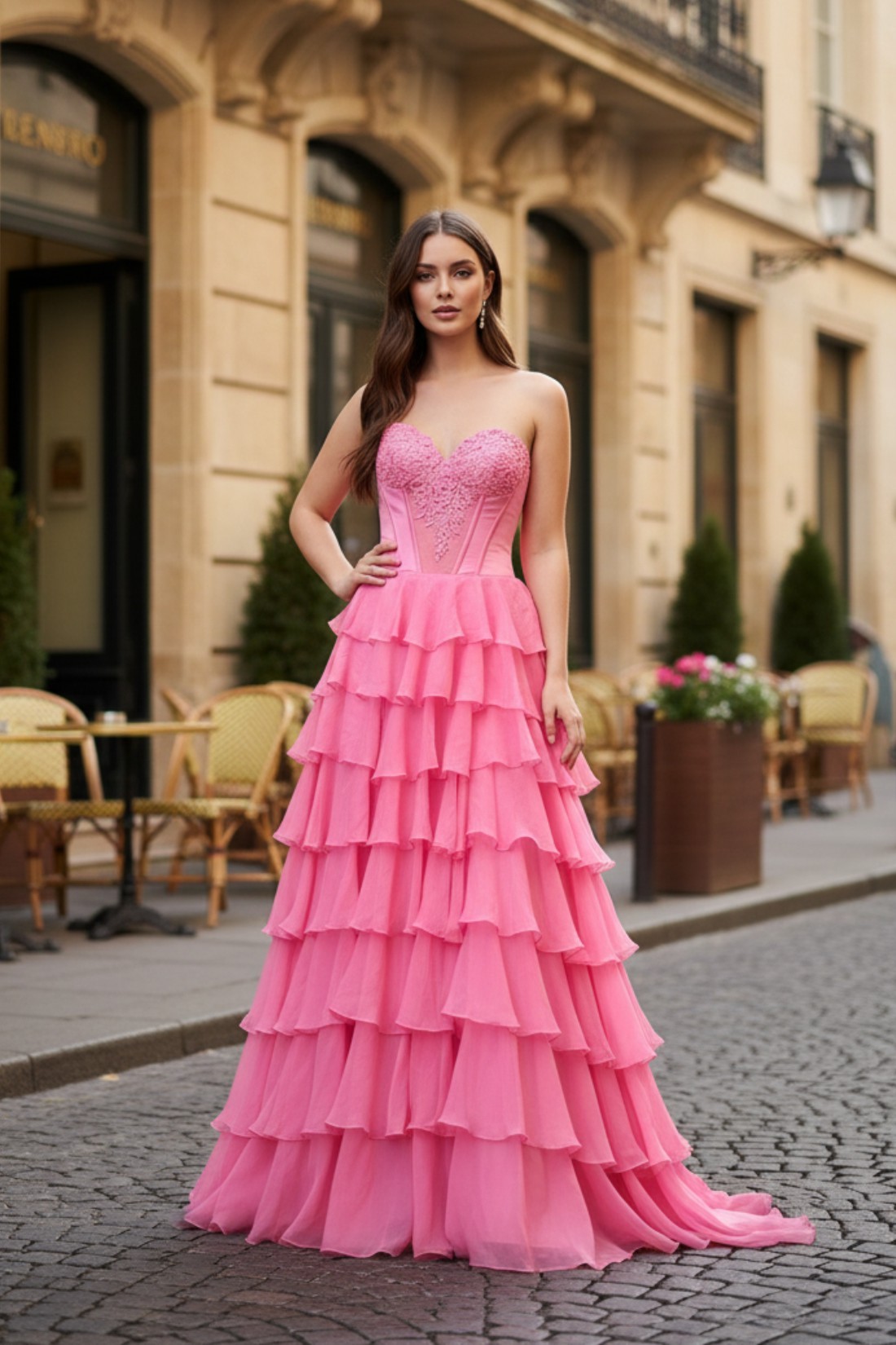 Tiered Sexy Pink Sweetheart Long Prom Dress With Appliques