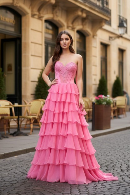 Tiered Sexy Pink Sweetheart Long Prom Dress With Appliques