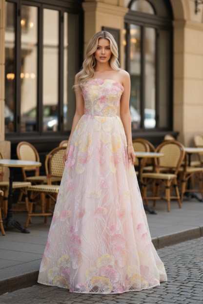 A-line Appliques Embroidery Strapless Prom Dress