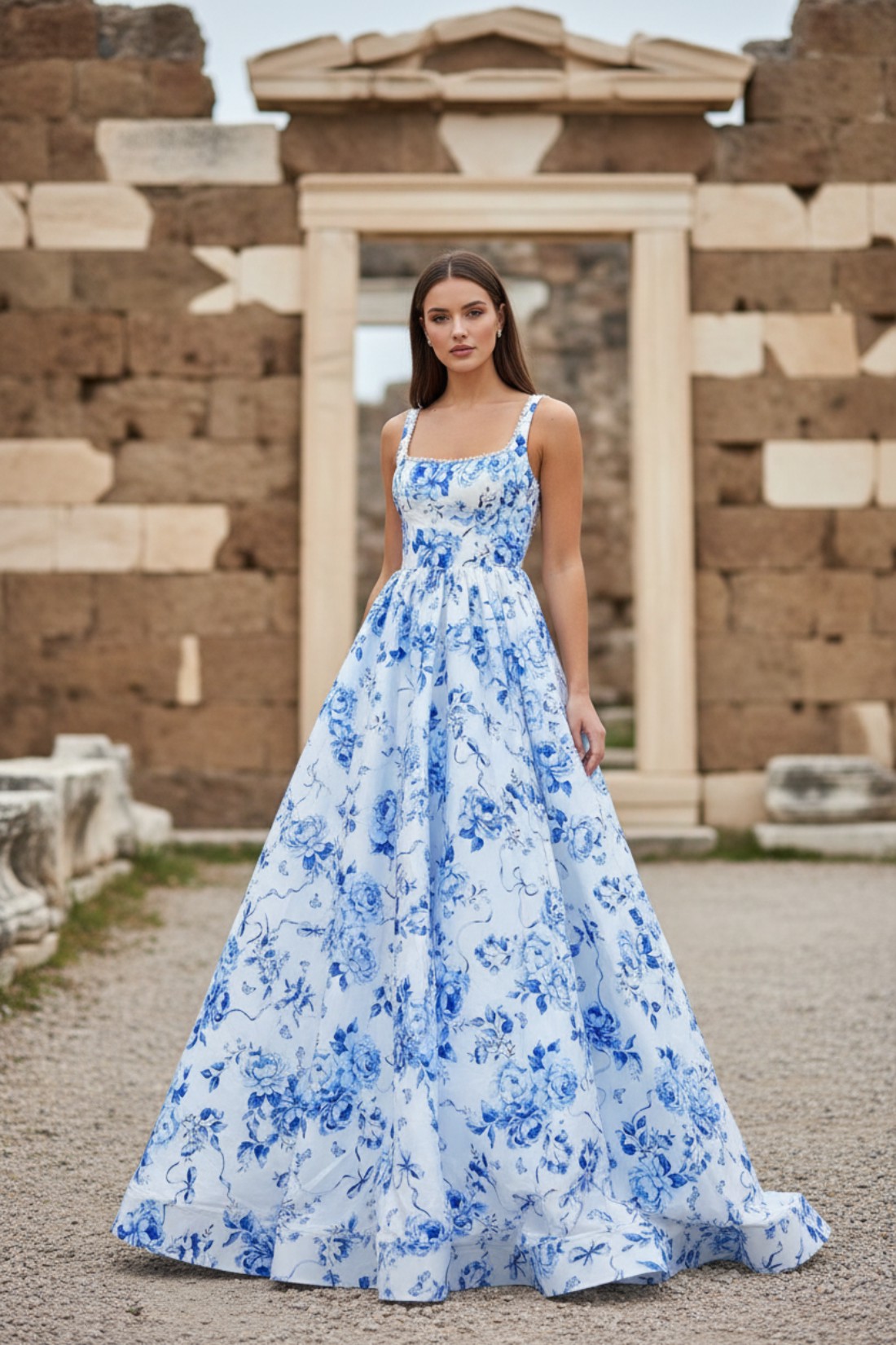 A line Strapless Blue and White Porcelain Long Prom Dress