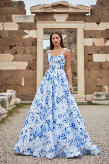 A line Strapless Blue and White Porcelain Long Prom Dress