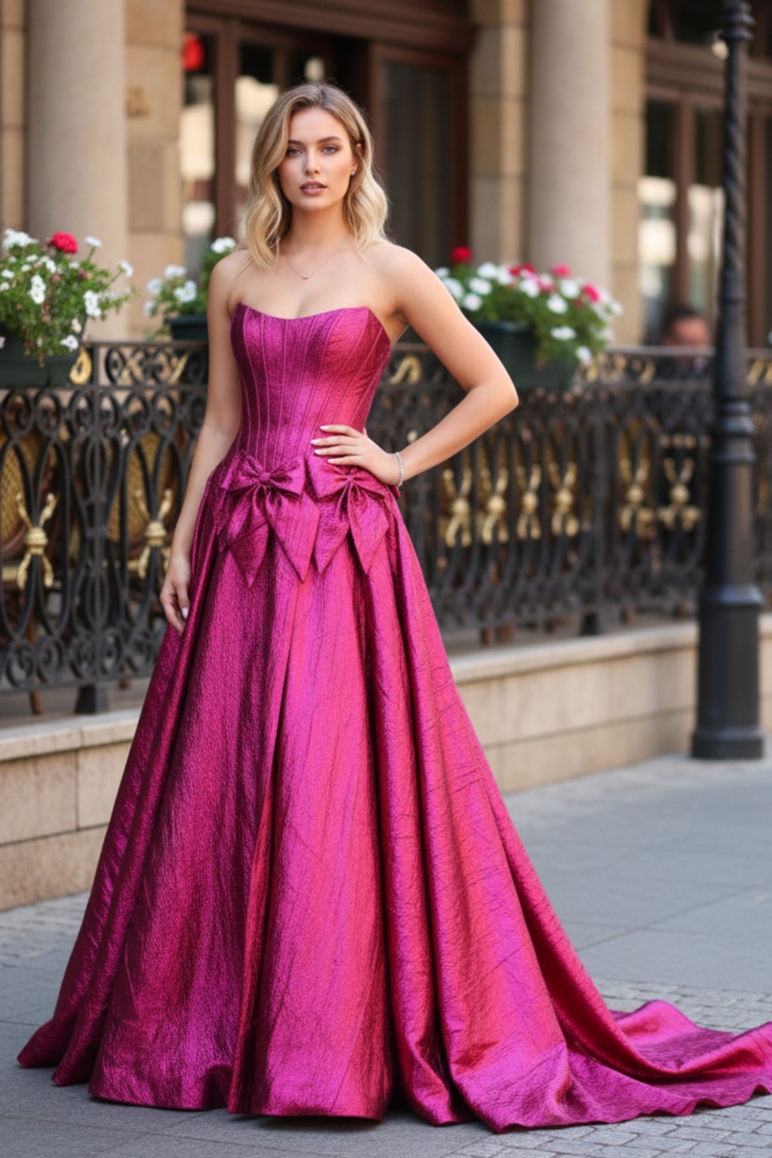 A line Elegant Fuchsin Strapless Sweetheart Long Prom Dress With Bows