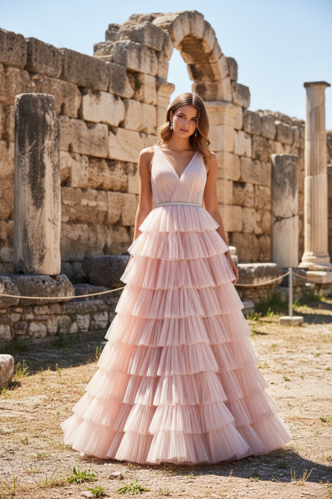 A-Line V Neck Tiered Long Prom Dress