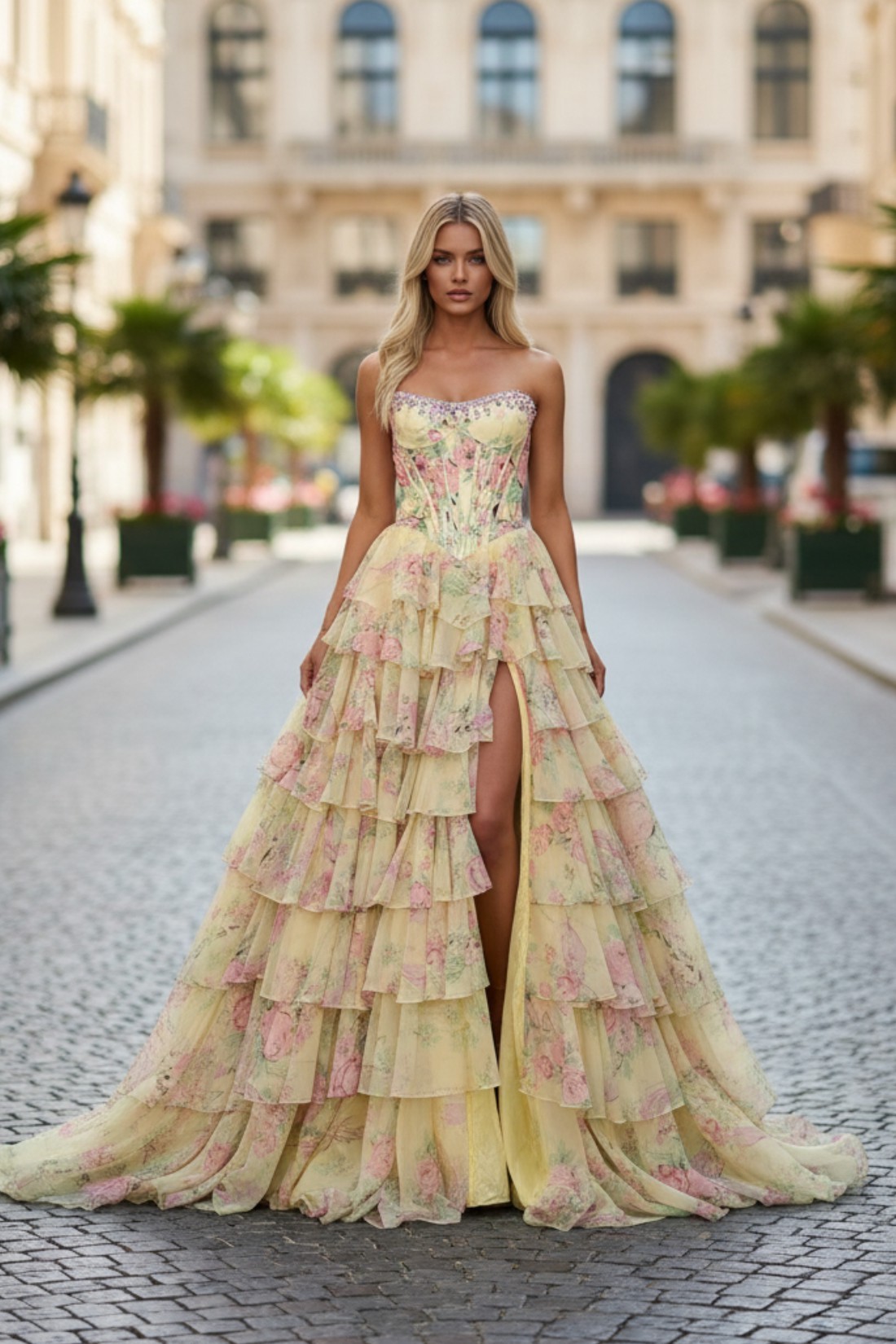 A line Floral Printed Strapless Prom Dress With Slit