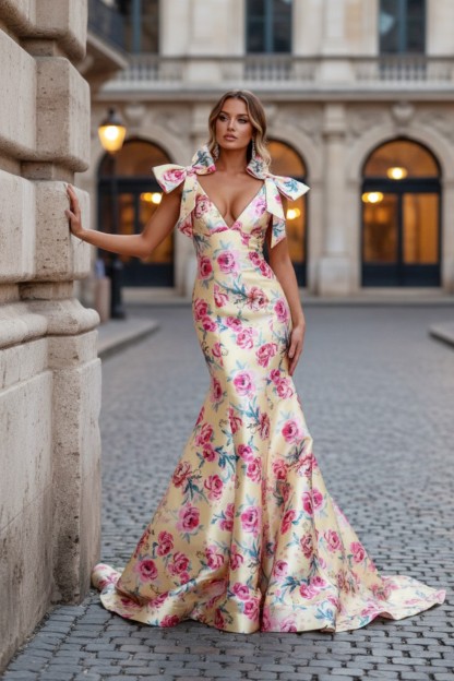 Mermaid Floral Printed Long Prom Dress With Bow