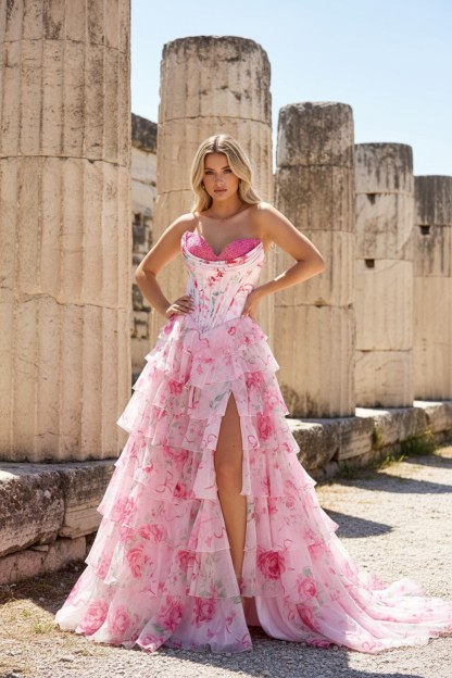 A line Floral Tiered Strapless Sweetheart Long Prom Dress