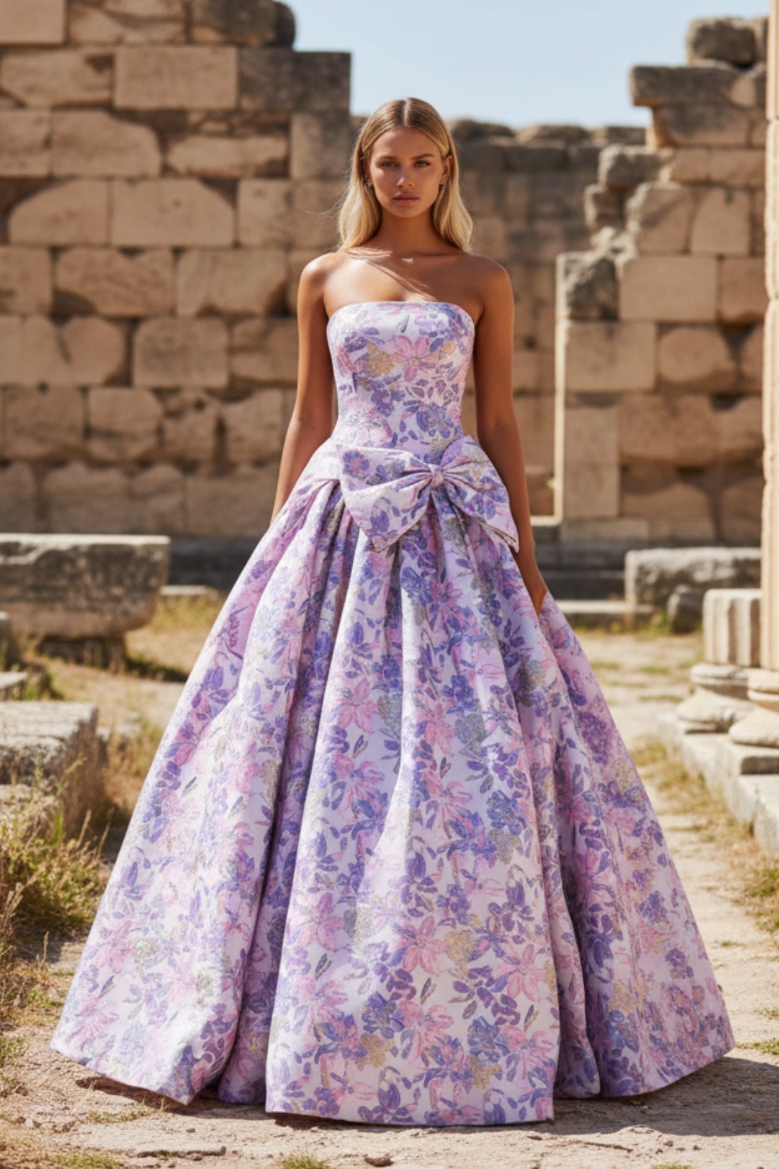 A line Pleated Strapless Prom Dress With Bow