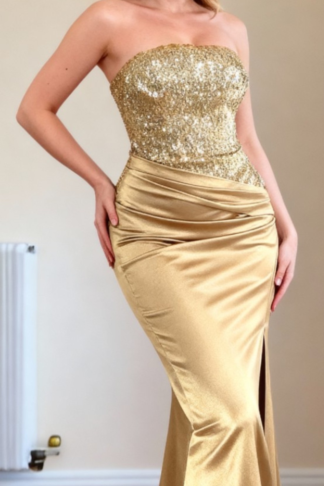 Mermaid Sweep Train Strapless Long Satin Prom Dresses With Sequins