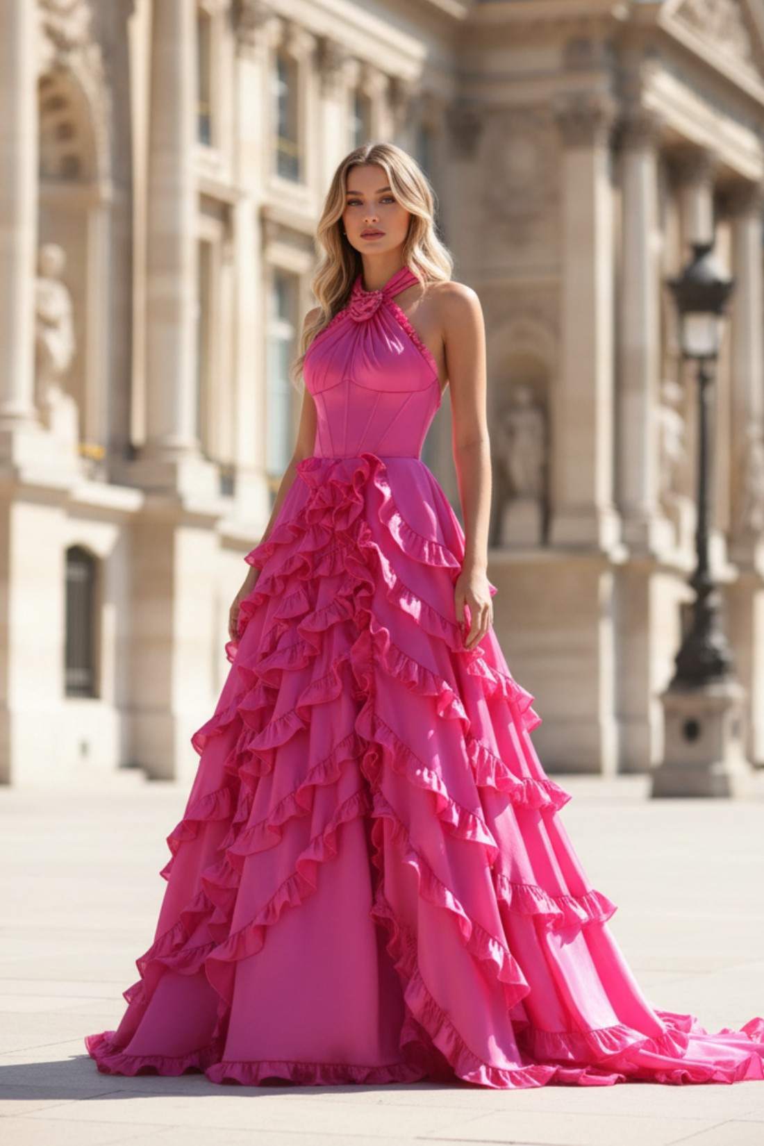 A line High Neck Ruffles Sweep Train Prom Dress