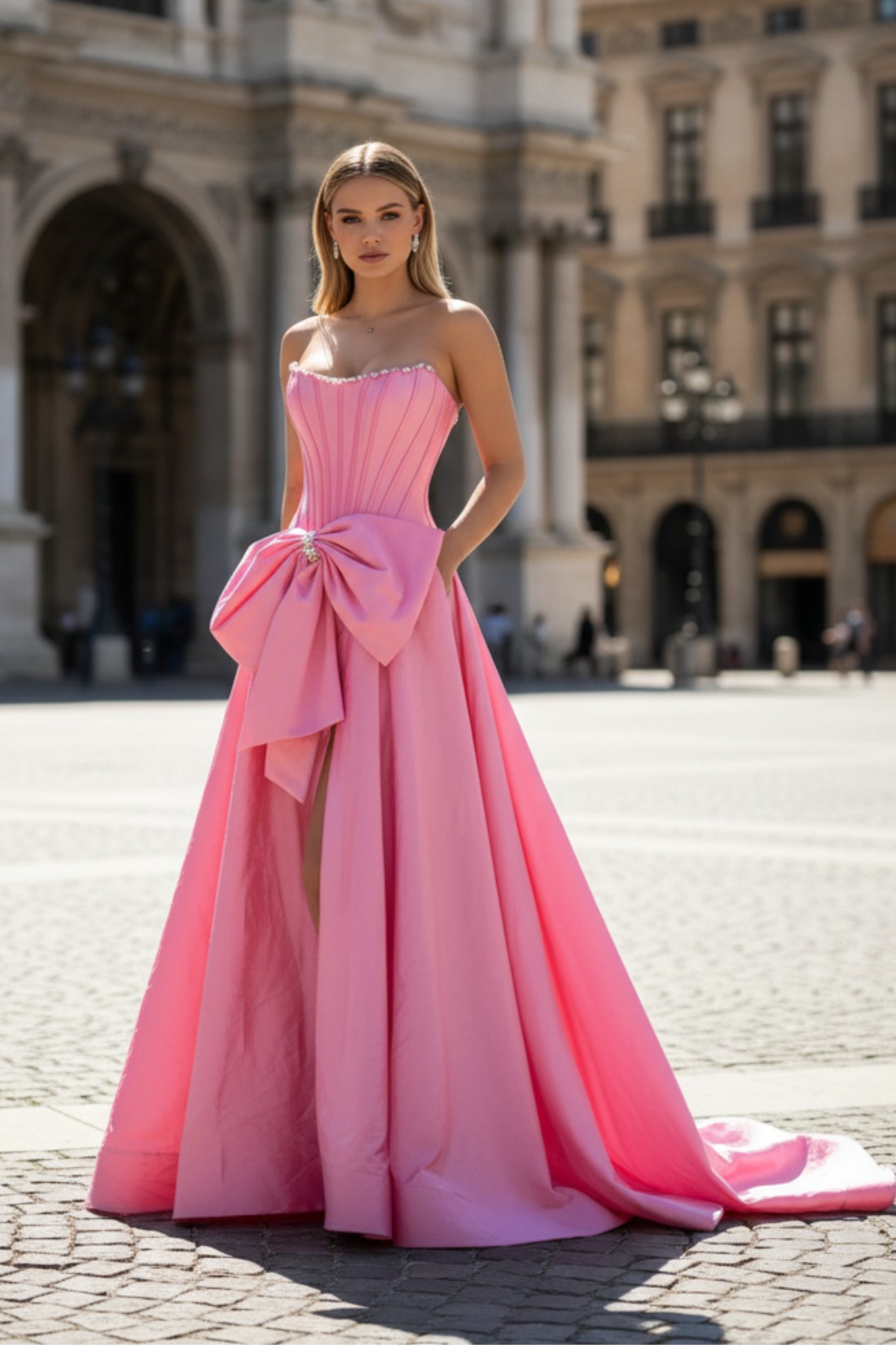 A line Satin Strapless Long Prom Dress With Bow