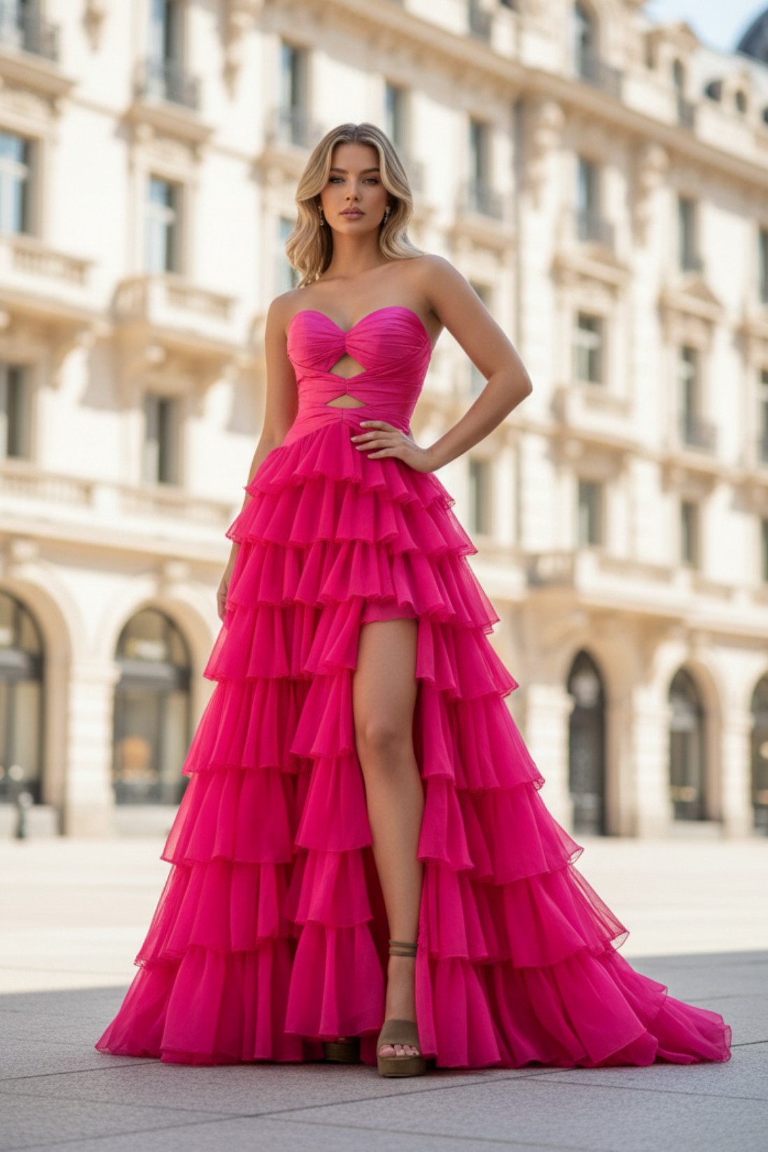 A line Tiered Keyhole Strapless Sweetheart Long Prom Dress