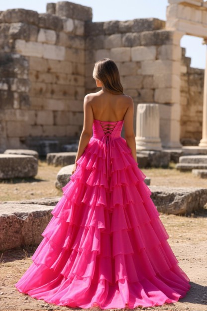 A line Tiered Strapless Sweetheart Long Prom Dress