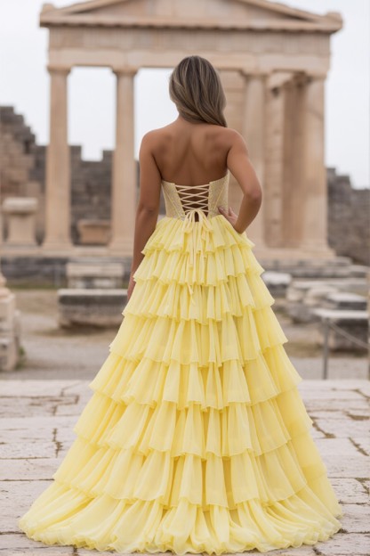 A-line Bodycon Tiered Strapless Long Prom Dress With Beads