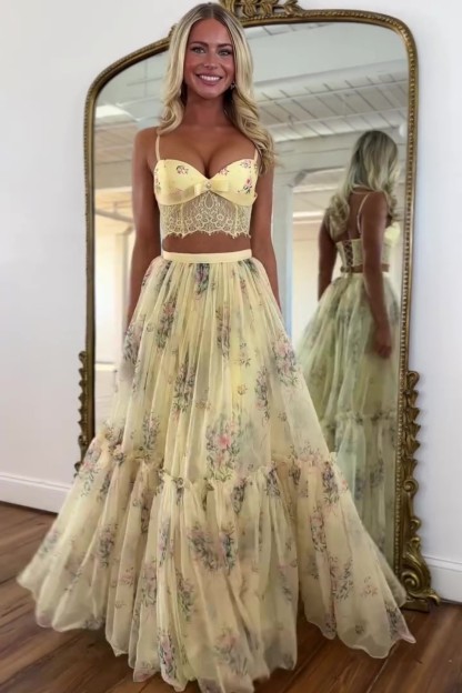 A-line Floral Sweetheart Two Piece Prom Dress