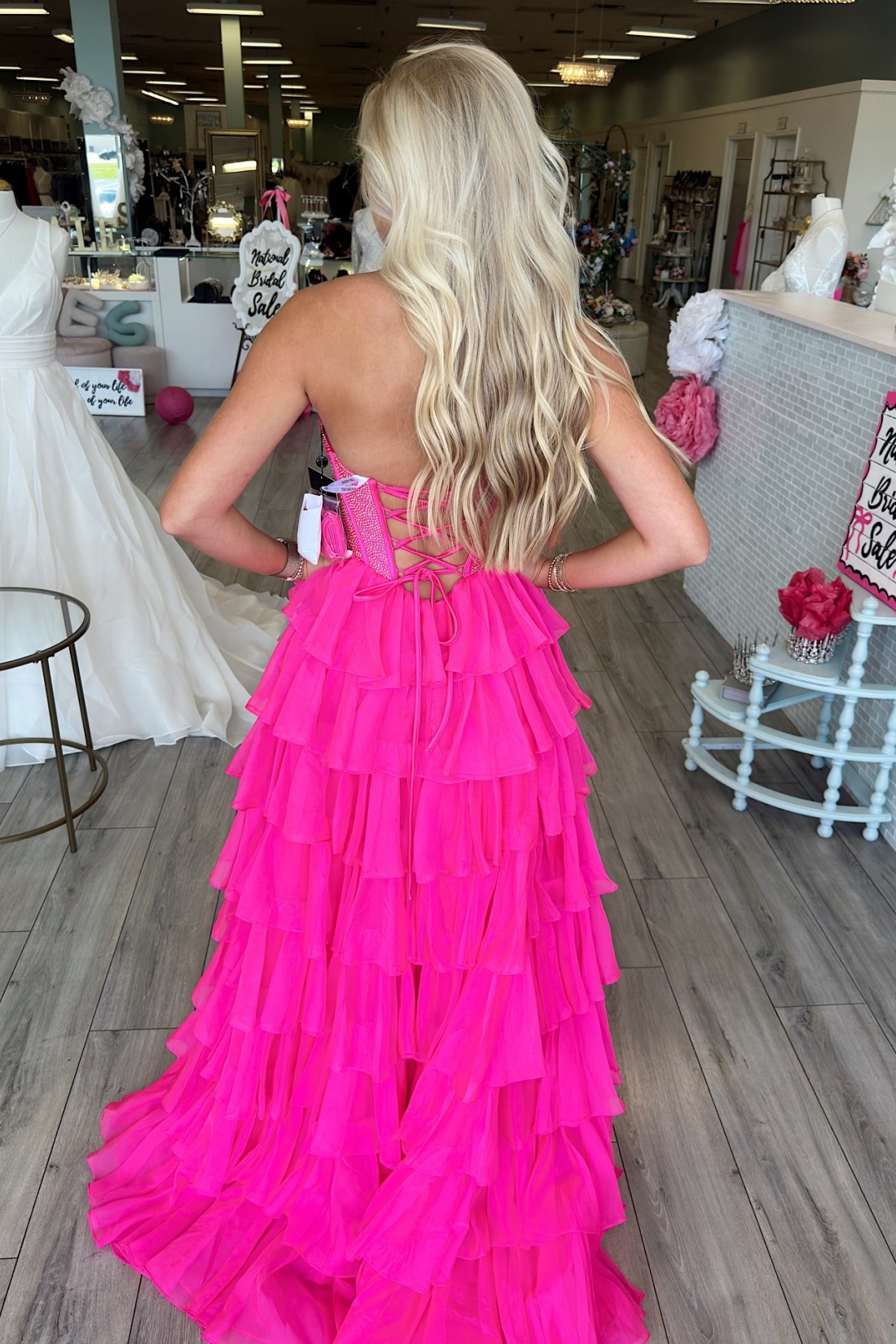 Corset Tiered A line Strapless Long Prom Dress With Beads