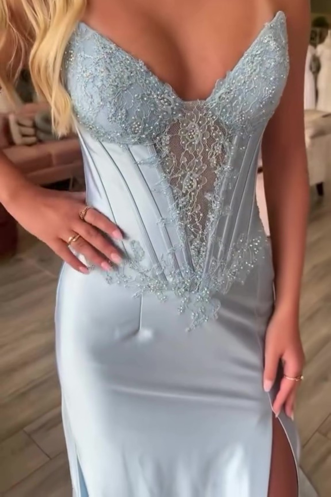 Mermaid Satin V Neck Strapless Prom Dress