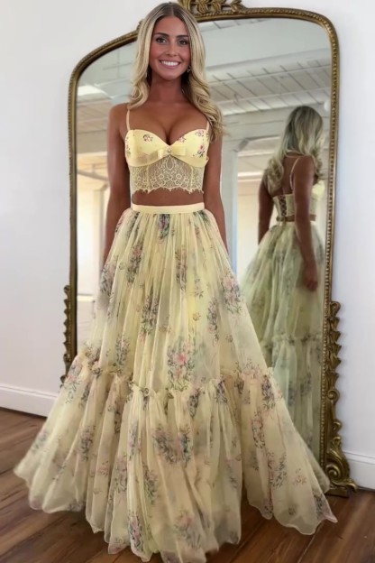 A-line Floral Sweetheart Two Piece Prom Dress