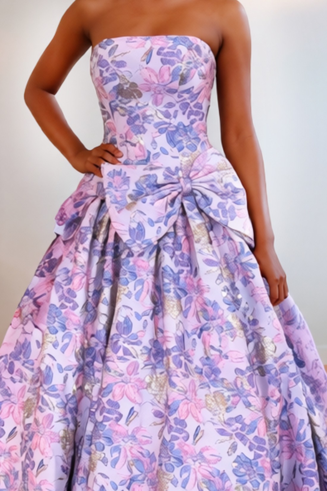 A line Pleating Strapless Prom Dress WIth Bow