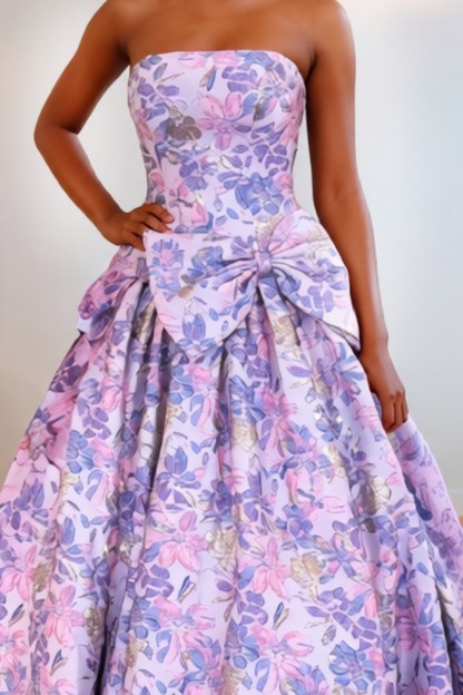 A line Pleating Strapless Prom Dress WIth Bow