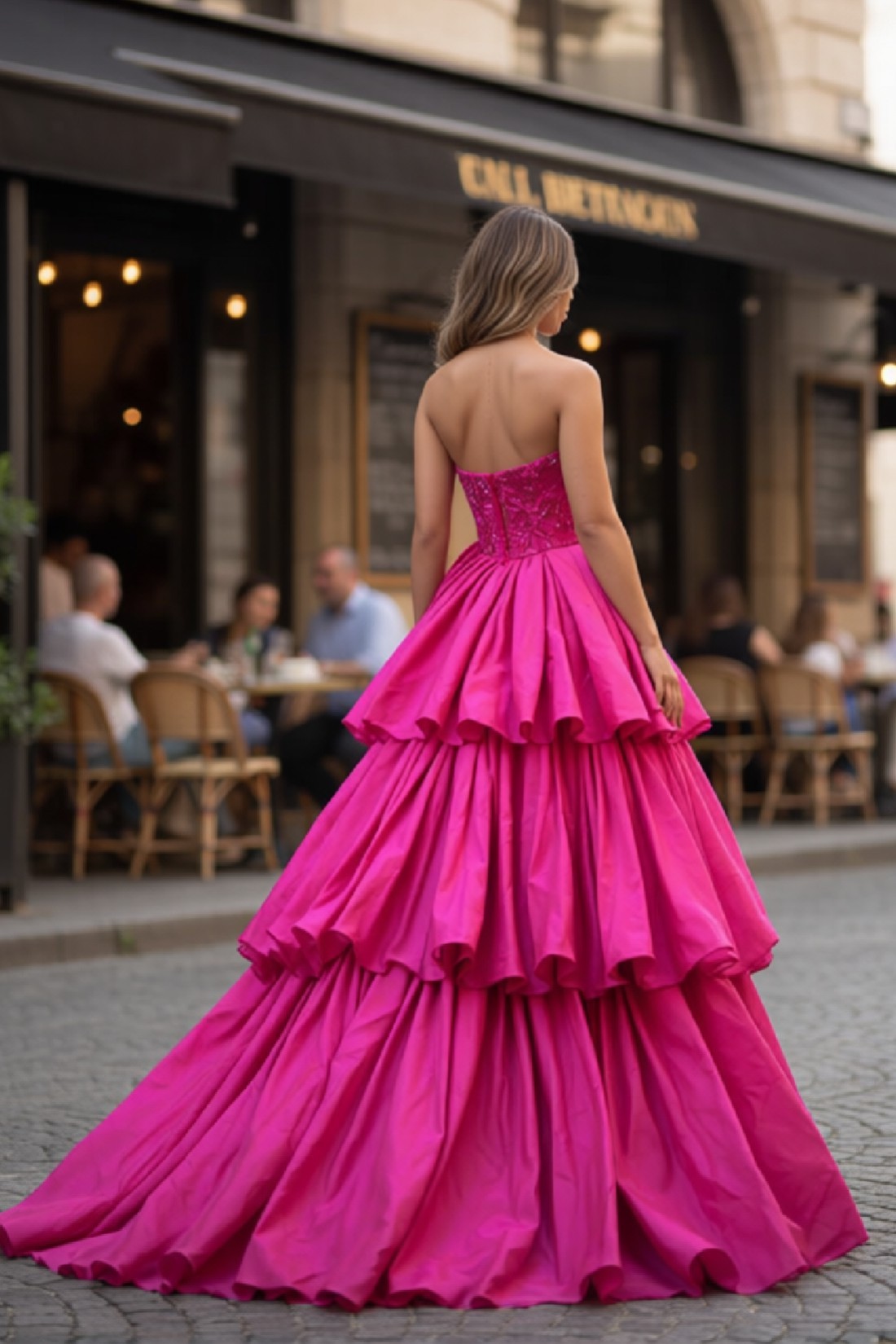 A line Tiered Elegant Hot Pink Strapless Long Prom Dress