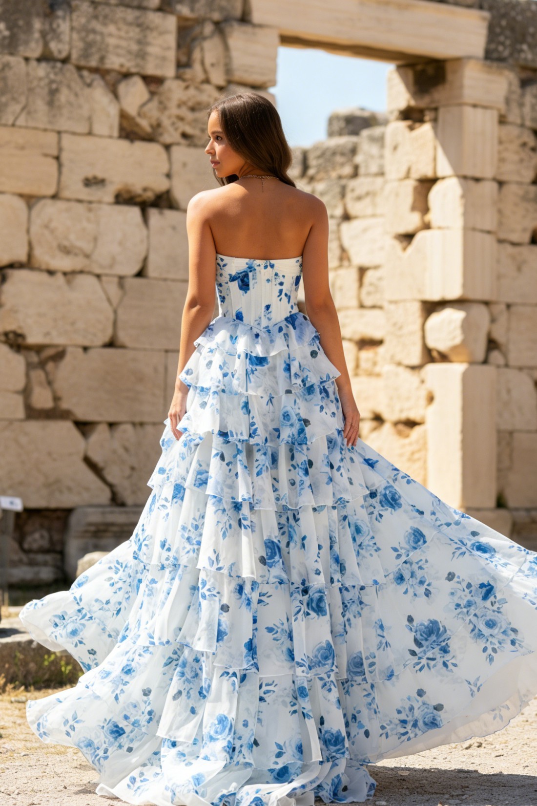 A-Line Sweetheart Blue And White Porcelain Strapless Tiered Long Prom Dress