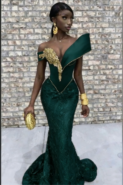 Burgundy Mermaid V-neck Long Tulle Prom Dress with Gold Appliques Lace