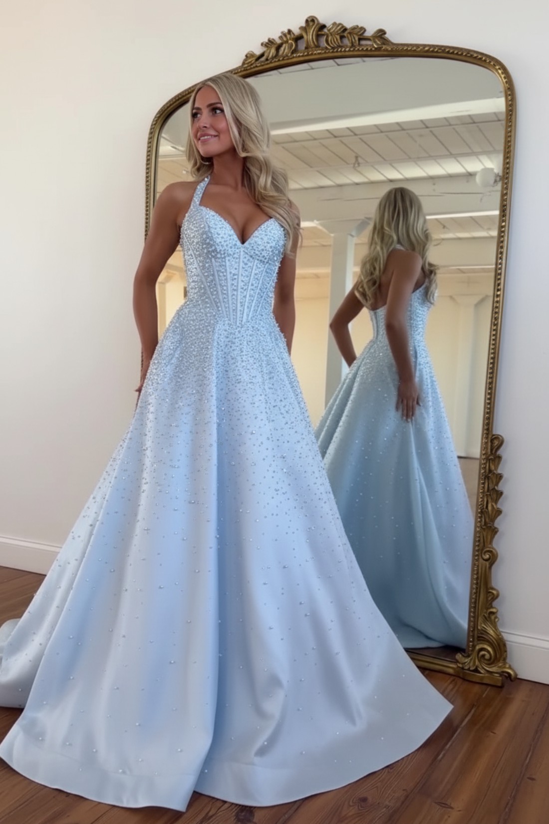 A-line Halter Sweetheart Long Prom Dress With Beads