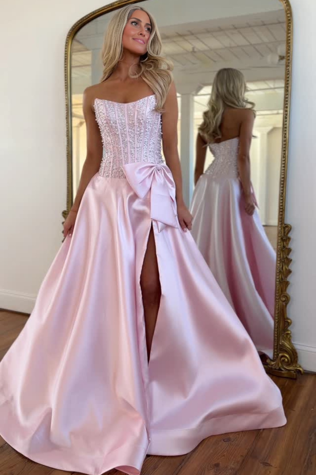 2026 A-line Strapless Long Prom Dress With Pearls