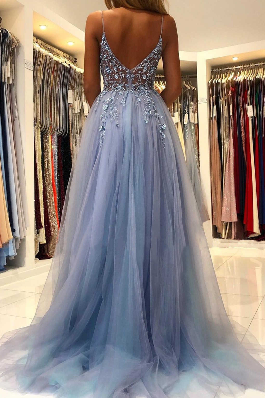 Long A-line V-neck Tulle Formal Prom Dresses with Split