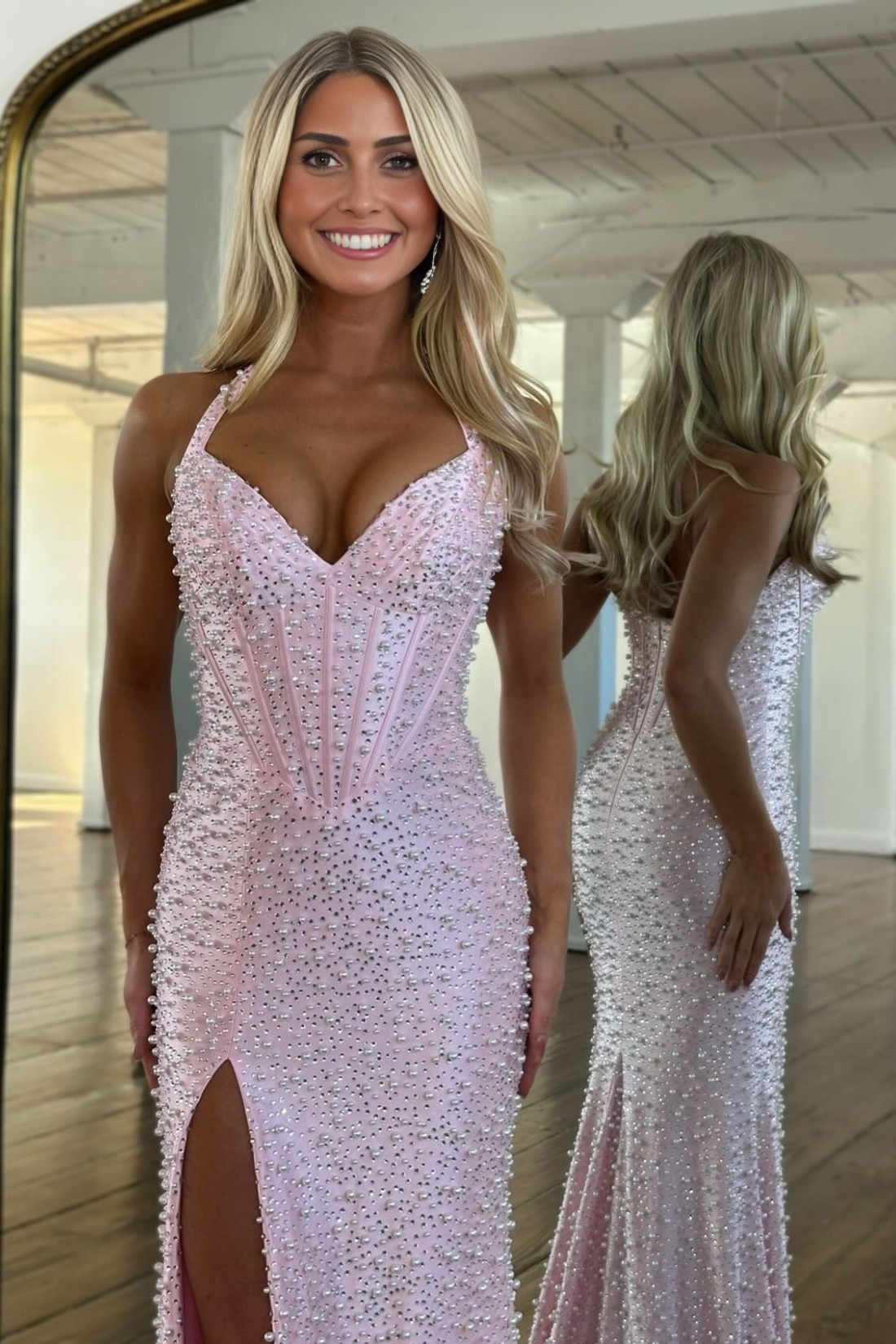 Mermaid Halter Sweetheart Long Prom Dress With Pearls