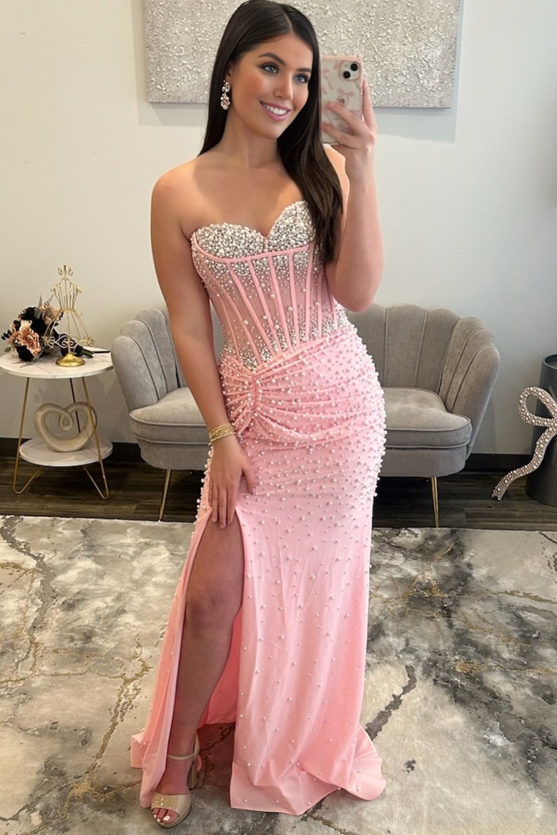 Mermaid Sexy Pink Sweetheart Sheer Bodice Prom Dress