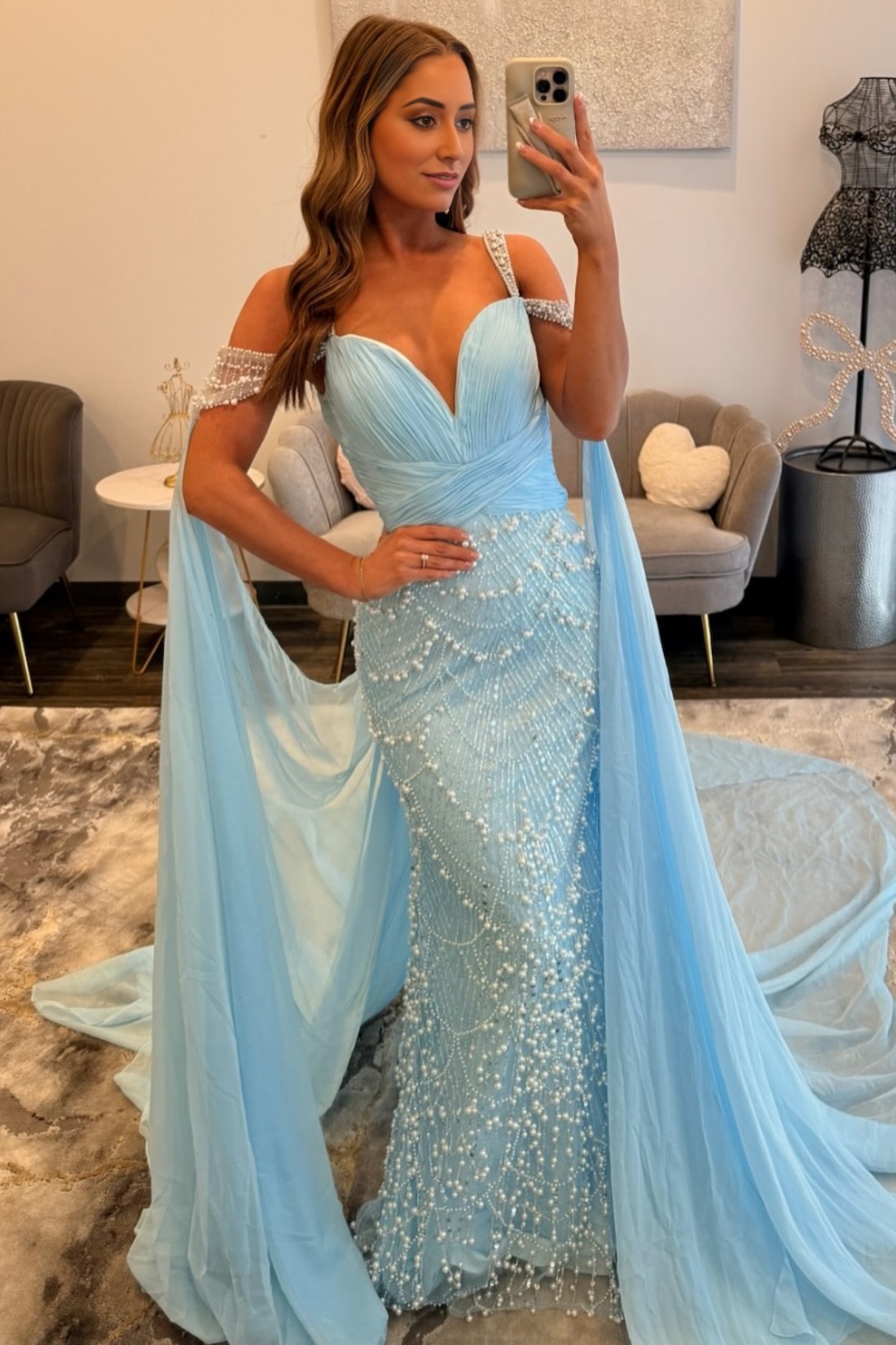 Cloak V Neck Spaghetti Straps Mermaid Long Prom Dress With Pearls