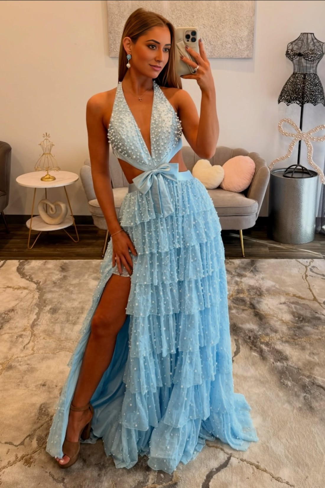 V Neck Pearls Mermaid Long Prom Dress With Ruffles