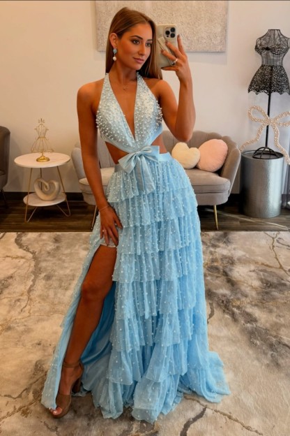 V Neck Pearls Mermaid Long Prom Dress With Ruffles