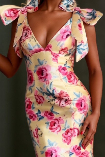 Mermaid Floral Printed Long Prom Dress With Bow