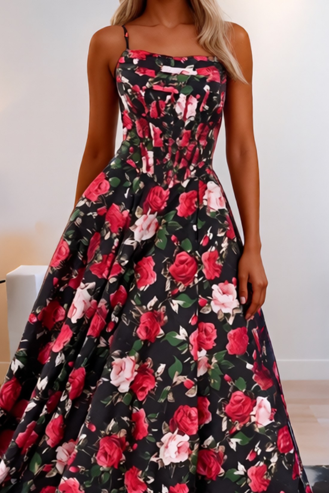 A line Spaghetti Straps Floral Sweep Train Long Prom Dress