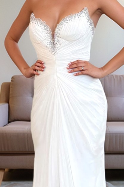 White Swan Strapless Mermaid Long Prom Dress With Slit