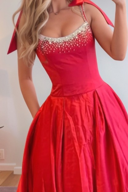 A line Spaghetti Straps Long Prom Dress With Beads