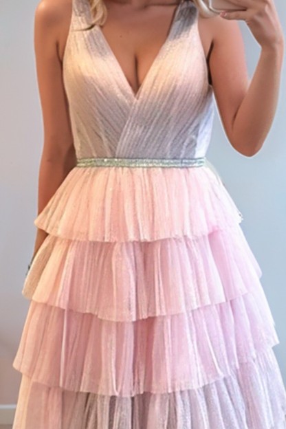 A-Line V Neck Tiered Long Prom Dress