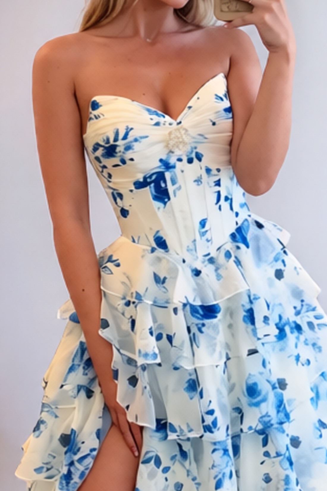 A-Line Sweetheart Blue And White Porcelain Strapless Tiered Long Prom Dress