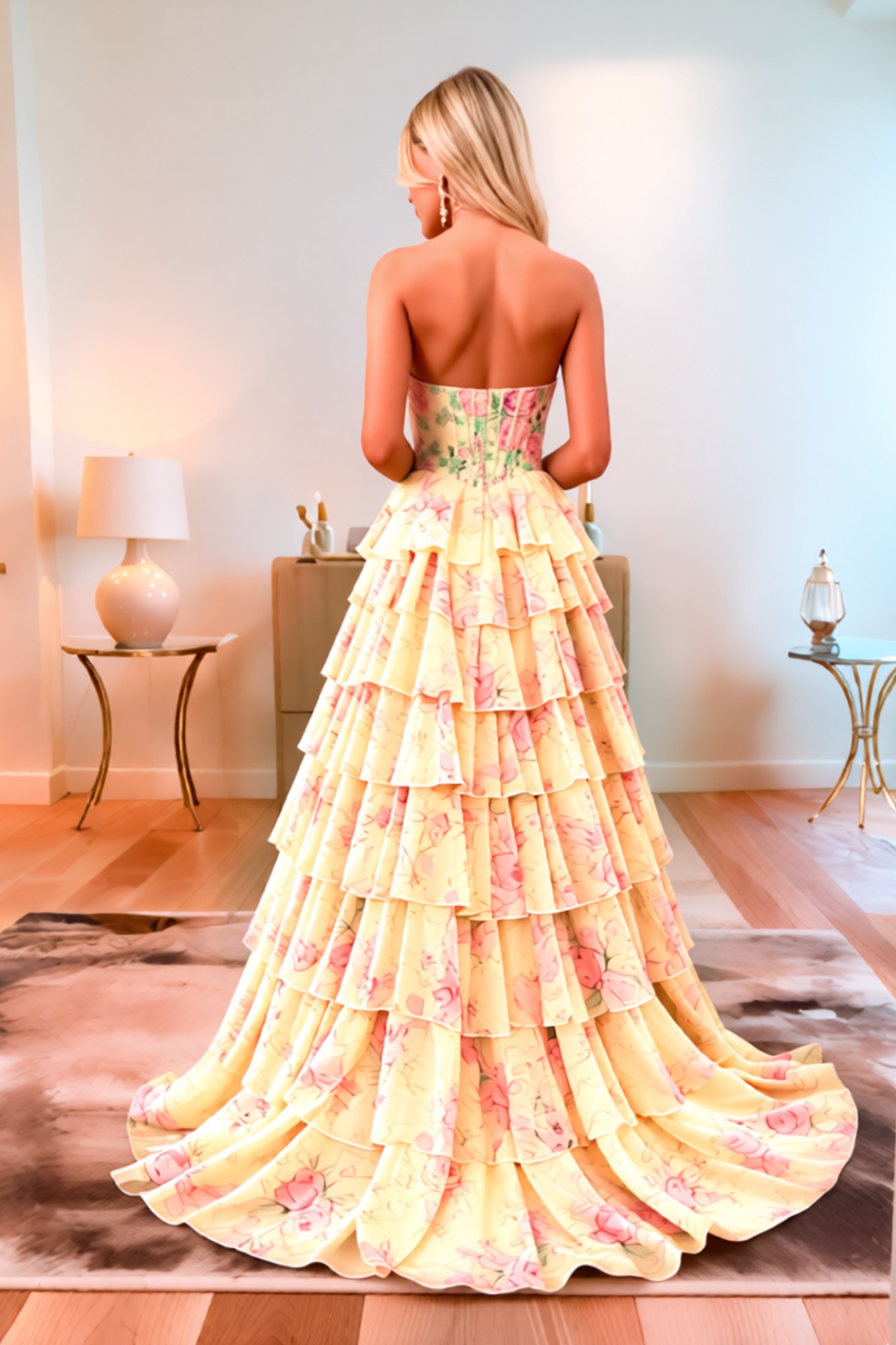 A line Floral Printed Strapless Prom Dress With Slit