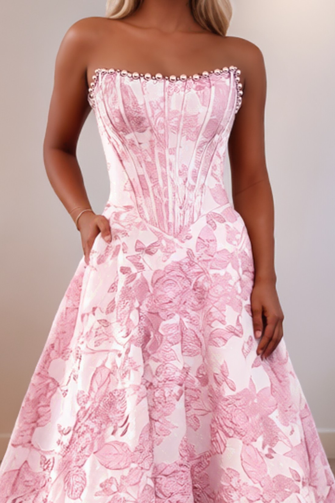 Strapless A line 3D Floral Long Prom Dress