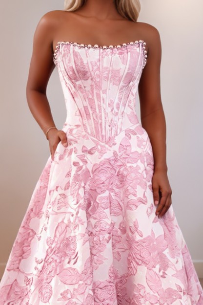 Strapless A line 3D Floral Long Prom Dress