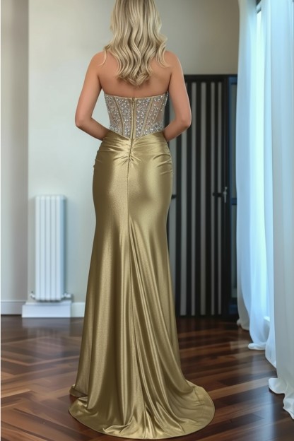 Mermaid Sweep Train Sweetheart Strapless Long Satin Prom Dresses With Beading