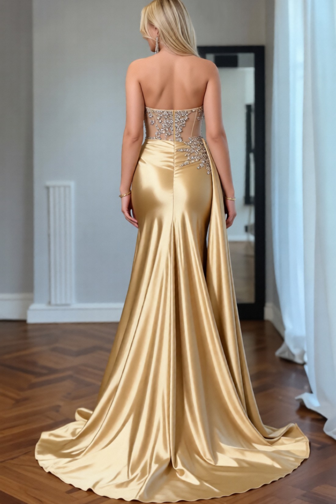 Long Mermaid Strapless Floor-Length Satin Prom Dresses