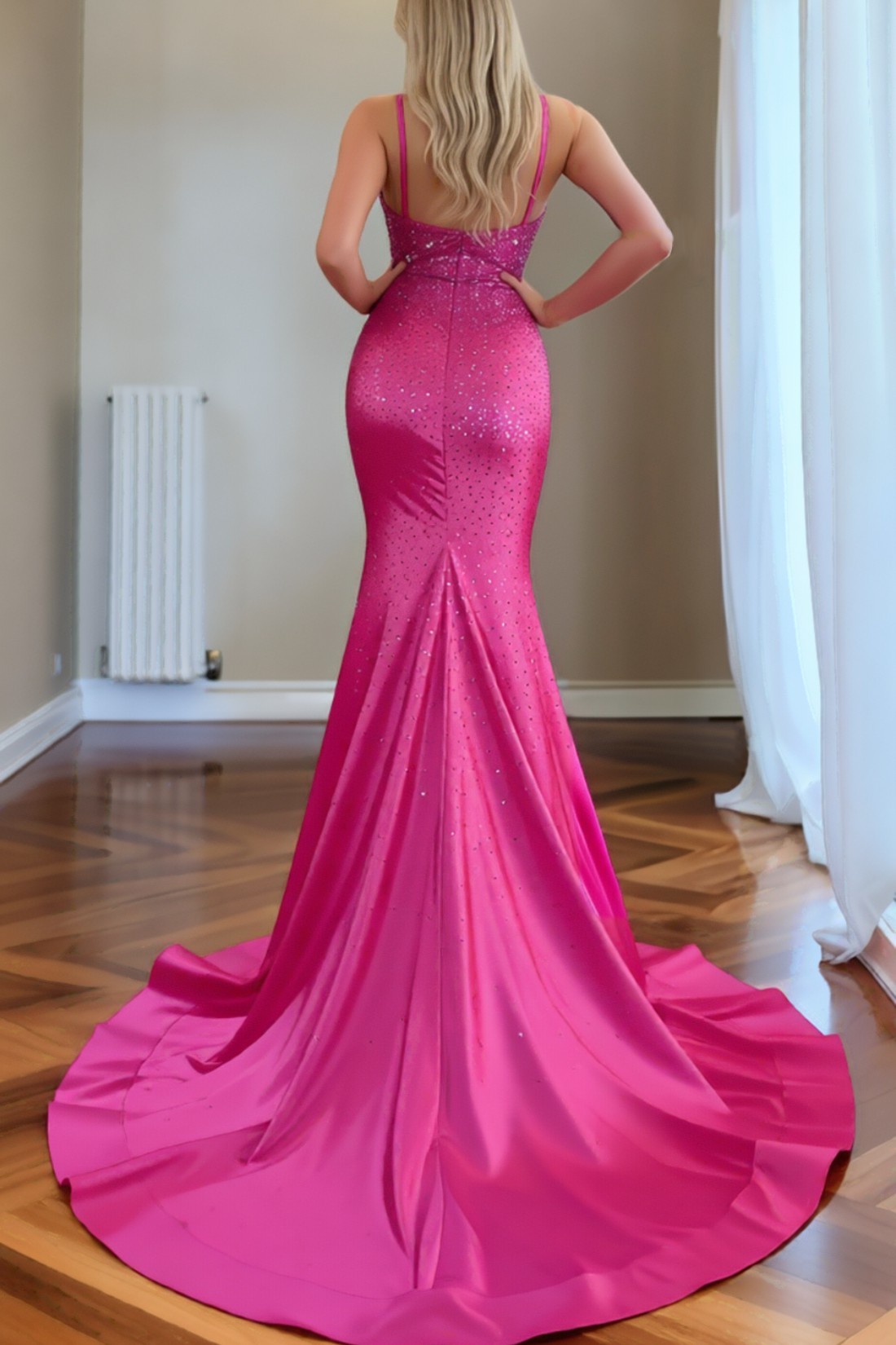 Mermaid Spaghetti Straps V Neck Long Satin Prom Dresses With Beading