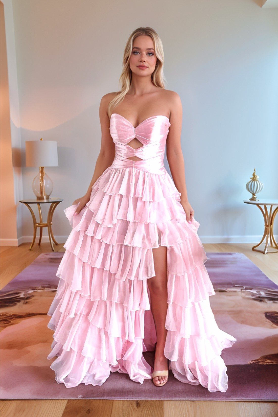 A line Tiered Keyhole Strapless Sweetheart Long Prom Dress