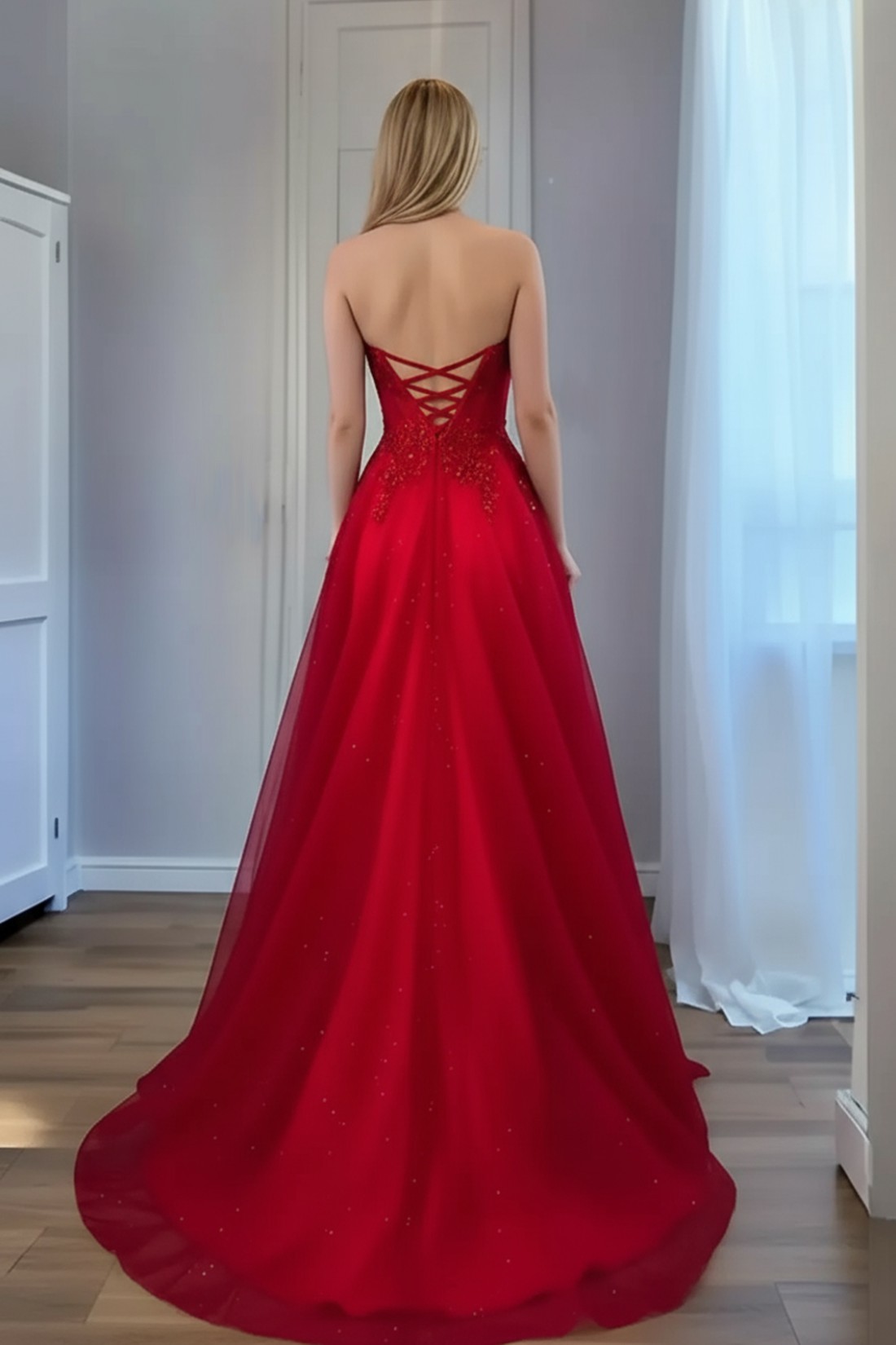 A line Slit Long Sweetheart Strapless Prom Dresses With Appliques
