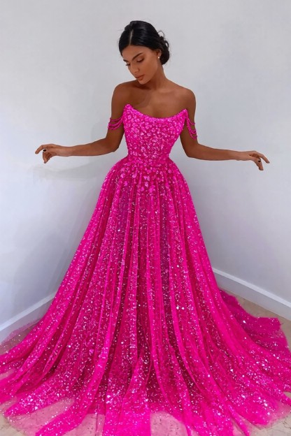 Sparkly Long A-line Sweetheart Sleeveless Sequined Evening Prom Dress